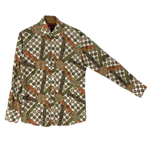 NWOT HUGO BOSS Shirt Men L Floral Geo-Print Green Coral White Button-Up Long Slv - Picture 1 of 8